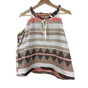 Sofia Women's S Tan Cream Geometric‎ Ruffle Neck Tank Top Made in Italy *